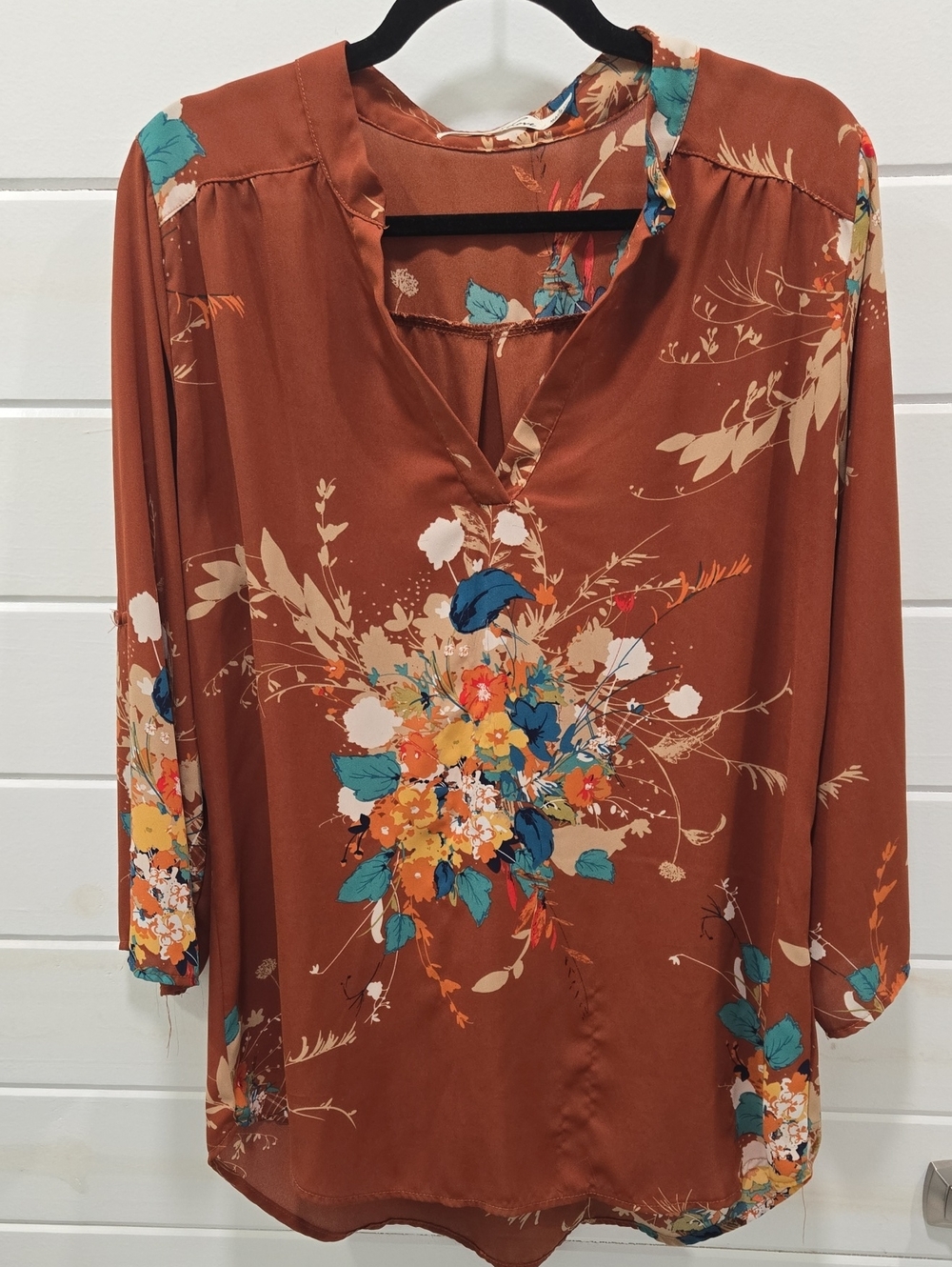 Liberty Love Rust Floral Split V-Neck Tunic with Teal Accents